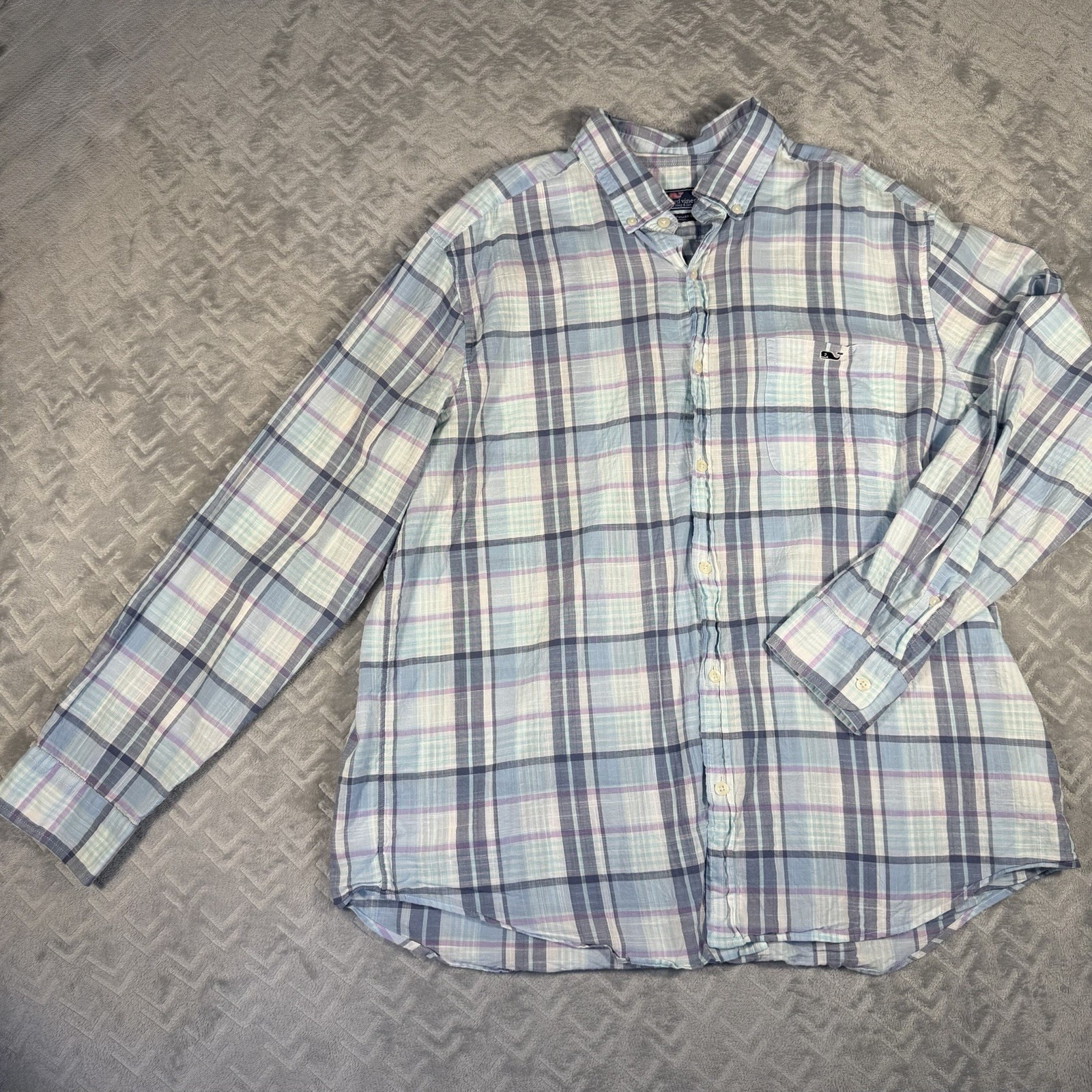 Vineyard Vines Shirt Men's Xl Blue Purple Plaid Classic Fit Tucker Whale Logo